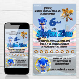 Invitatie digitala aniversara cu tematica Super Sonic, personalizata cu orice text