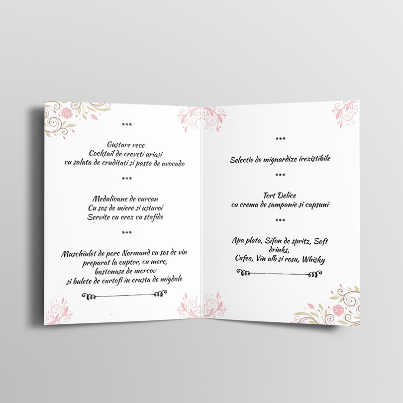 Meniuri pentru nunta cu tema florala disponibile si in set pentru nunta