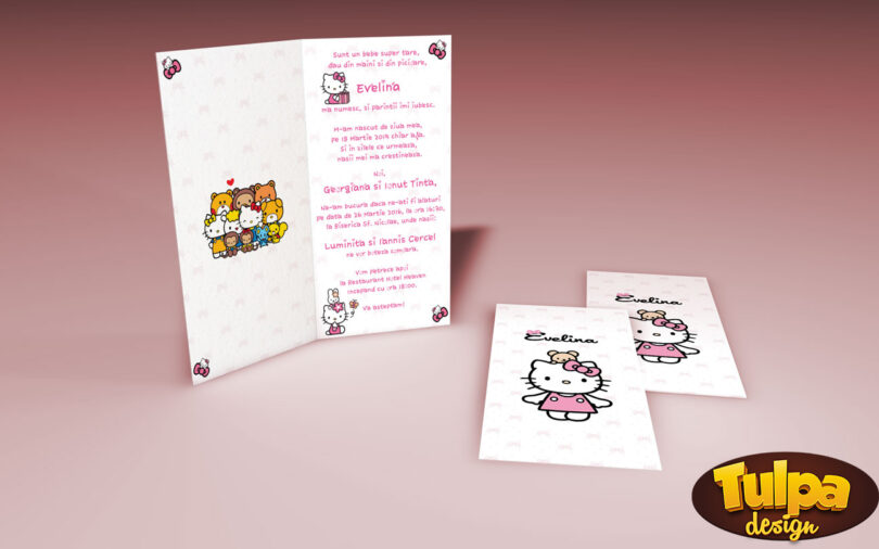 Invitatie de botez original, personalizabila, cu Hello Kitty