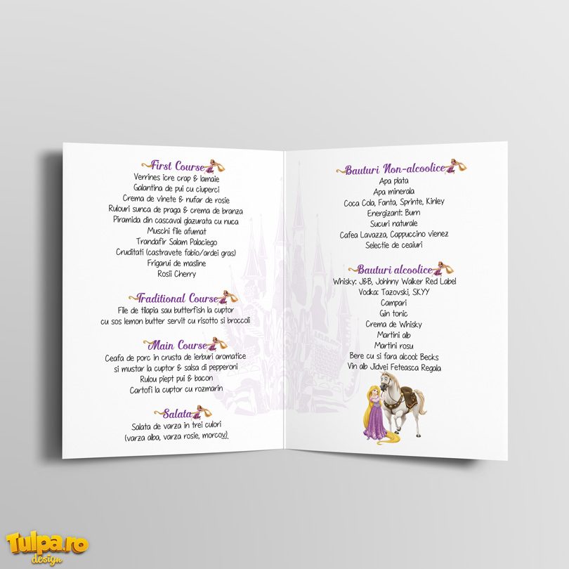 Meniuri personalizate pentru botez cu Rapunzel, disponibile la comanda