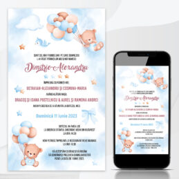 Invitatie online cu fundal bleu si ursulet cu baloane, personalizata cu textul dorit